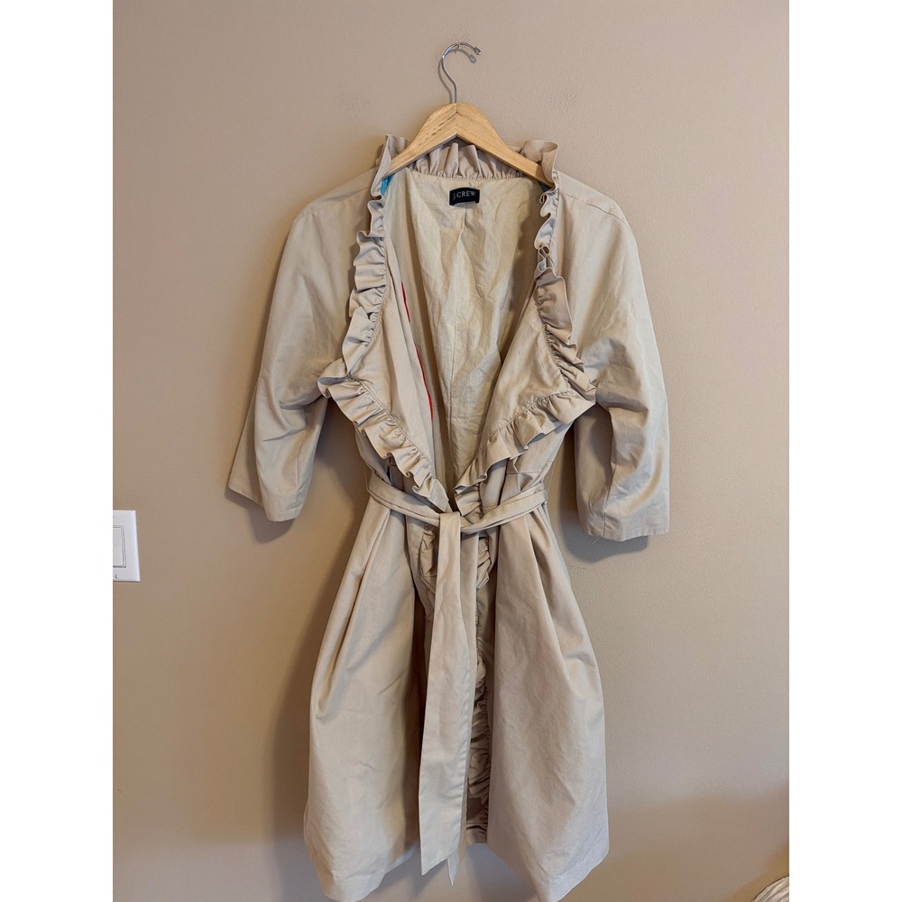 J.Crew Khaki Ruffle Trim Trench Coat Tan Belted 3/4 Sleeve Size 12